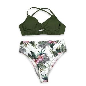 Shade & Shore 2-Piece Green Bikini Top & White Floral High Rise Bottom 32B/XS